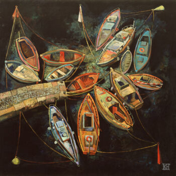 Картина под названием "Лодки у причала" - Николай Кириллов, Подлинное произведение искусства, Масло