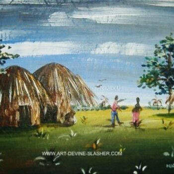 Pittura intitolato "Village scene" da Nkolika Obiako-Anyabolu, Opera d'arte originale, Olio