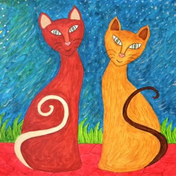Peinture intitulée "Les Chats-moureux d…" par Nathyse, Œuvre d'art originale, Acrylique