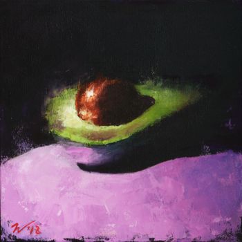 Painting titled "Queen Avocado" by Nathalie Newman, Original Artwork, Oil Mounted on Cardboard