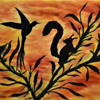 Pittura intitolato "colibri-et-ecureuil" da W-Dagrou, Opera d'arte originale