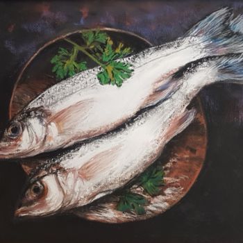 Ζωγραφική με τίτλο "Two Fish" από Nadia Sheikh, Αυθεντικά έργα τέχνης, Παστέλ