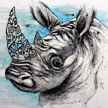 Drawing titled "Rhino Horn II" by Art De Noé, Original Artwork, Ink