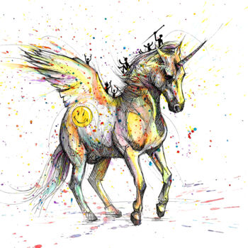 Desenho intitulada "Unicorn pegasus" por Art De Noé, Obras de arte originais, Tinta