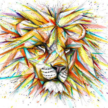 Drawing titled "Geometric Lion" by Art De Noé, Original Artwork, Ink