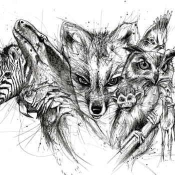 Drawing titled "Animals artwork" by Art De Noé, Original Artwork, Ink