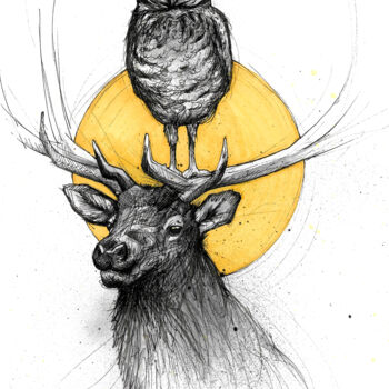 Rysunek zatytułowany „Owl deer” autorstwa Art De Noé, Oryginalna praca, Atrament