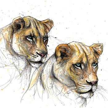 Drawing titled "Lionesses" by Art De Noé, Original Artwork, Ink