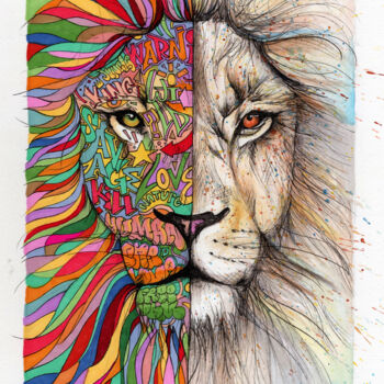 Drawing titled "Psychedelic Lion" by Art De Noé, Original Artwork, Ink