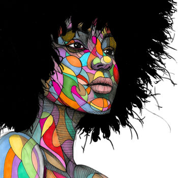 Рисунок под названием "Afro colorful" - Art De Noé, Подлинное произведение искусства, Чернила