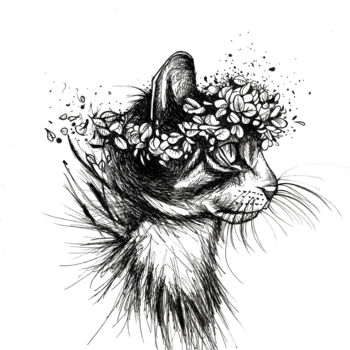 Drawing titled "Cat flower" by Art De Noé, Original Artwork, Ink