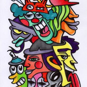 Drawing titled "Comics heads" by Art De Noé, Original Artwork, Ink Mounted on Glass