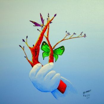 Pintura intitulada "l'enfant au papillo…" por Noël Barbot, Obras de arte originais