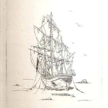 Gravures & estampes intitulée "Bateau fantome" par Noël Barbot, Œuvre d'art originale, Gravure