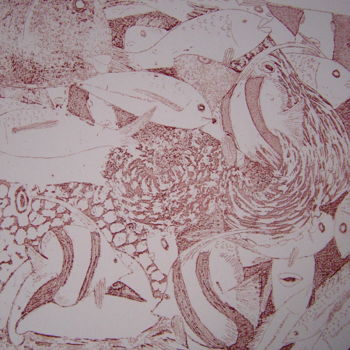 Printmaking titled "poisssons" by Noël Barbot, Original Artwork, Engraving