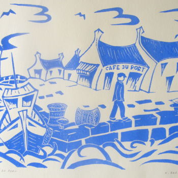 Printmaking titled "café du port" by Noël Barbot, Original Artwork, Linocuts