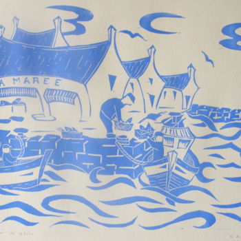 Druckgrafik mit dem Titel "retour de pêche" von Noël Barbot, Original-Kunstwerk, Linoldrucke