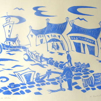 Printmaking titled "port-de-peche.jpg" by Noël Barbot, Original Artwork, Linocuts