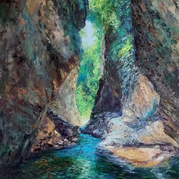 Painting titled "Les gorges de Toulo…" by Noelle Huin, Original Artwork, Oil Mounted on Wood Stretcher frame