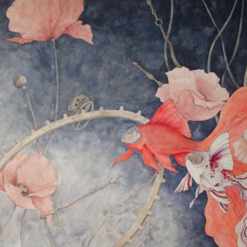 Malerei mit dem Titel "Mélancolie" von Aka, Original-Kunstwerk, Aquarell Auf Holzplatte montiert