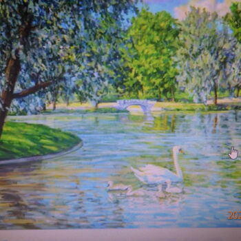 Painting titled "Le cygne qui nous e…" by Norbert Siest, Original Artwork, Oil Mounted on Wood Stretcher frame