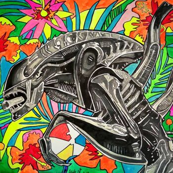 Painting titled "Alien in Paradise I." by Norbert Szük, Original Artwork, Acrylic Mounted on Wood Stretcher frame