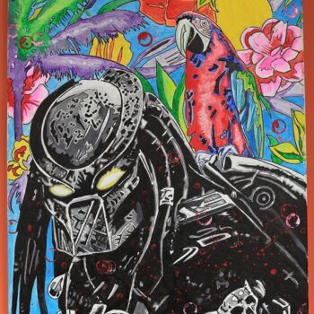 Painting titled "Predator in Paradise" by Norbert Szük, Original Artwork, Acrylic Mounted on Wood Stretcher frame