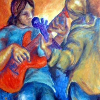 Pittura intitolato ""guitarra & bass"" da Norma Ascencio, Opera d'arte originale, Olio