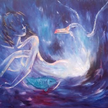 Malerei mit dem Titel "Woman and Albatross" von Galina Kolomenskaya, Original-Kunstwerk, Öl