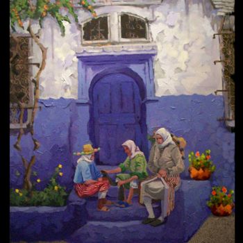 Peinture intitulée "Devant la porte bleu" par Abdelhadi Nouaiti, Œuvre d'art originale, Huile