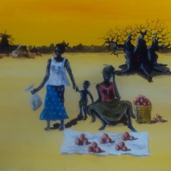 Pintura intitulada "au marché" por Noufou Kabore, Obras de arte originais