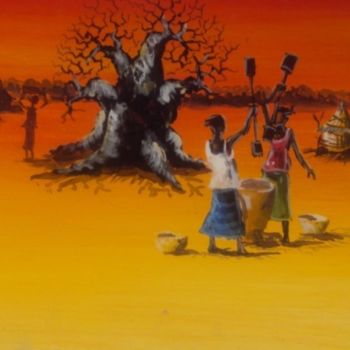 Peinture intitulée "pileuses de mil" par Noufou Kabore, Œuvre d'art originale