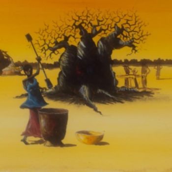 Peinture intitulée "pileuse de mil 2" par Noufou Kabore, Œuvre d'art originale