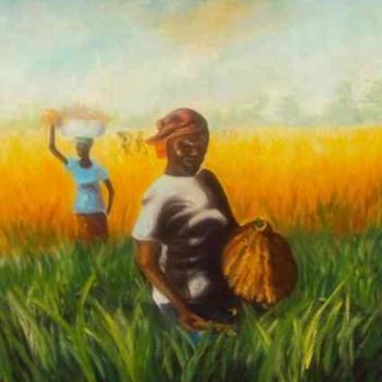 Ζωγραφική με τίτλο "la moisson du riz" από Noufou Kabore, Αυθεντικά έργα τέχνης