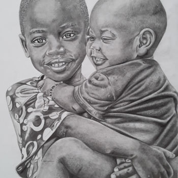 Drawing titled "Enfants 01" by Nourou Dine Ichola, Original Artwork, Pencil