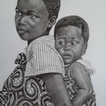 Рисунок под названием "Enfants 02" - Nourou Dine Ichola, Подлинное произведение искусства, Карандаш