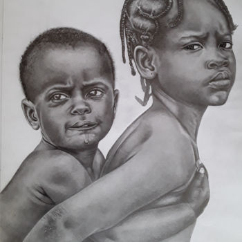 Рисунок под названием "Enfants 04" - Nourou Dine Ichola, Подлинное произведение искусства, Карандаш