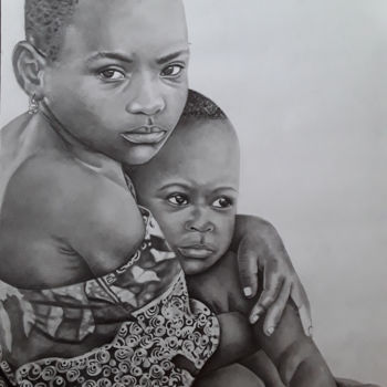 Drawing titled "Enfants 06" by Nourou Dine Ichola, Original Artwork, Pencil