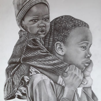 Zeichnungen mit dem Titel "Enfants 08" von Nourou Dine Ichola, Original-Kunstwerk, Bleistift