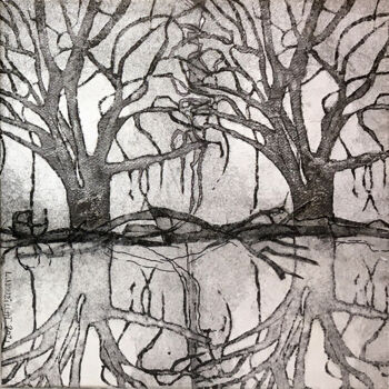 Gravures & estampes intitulée "arbres cousins" par Laurence Nouzillat, Œuvre d'art originale, Eau-forte Monté sur Châssis en…