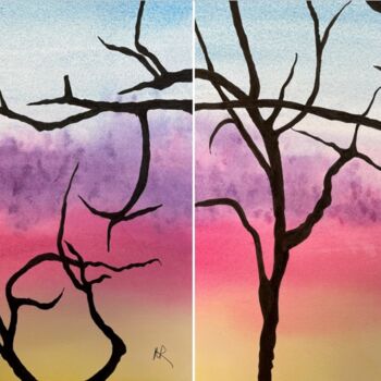 Картина под названием "Winter Sunrise" - Nancy Riedell, Подлинное произведение искусства, Акварель
