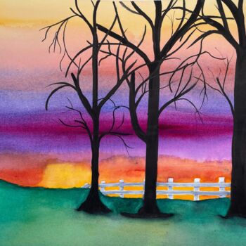 Painting titled "Auburn Sunset" by Nancy Riedell, Original Artwork, Watercolor