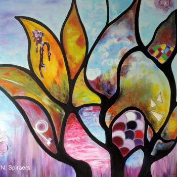 Картина под названием "Une fleur un peu fo…" - Nicole Spiraers, Подлинное произведение искусства, Акрил Установлен на Деревя…