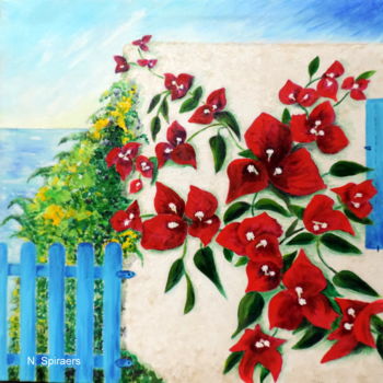 Painting titled "Bougainvillée" by Nicole Spiraers, Original Artwork, Acrylic Mounted on Wood Stretcher frame