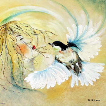 Painting titled "Fais comme l'oiseau…" by Nicole Spiraers, Original Artwork, Acrylic Mounted on Wood Stretcher frame