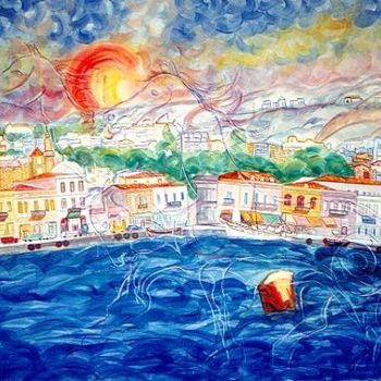 Malarstwo zatytułowany „My harbour Chios” autorstwa Roula Ntouli-Alexiou, Oryginalna praca, Olej