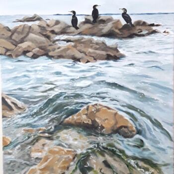 Painting titled "Les cormorans" by Nunzia Alfano Bounakhla, Original Artwork, Oil