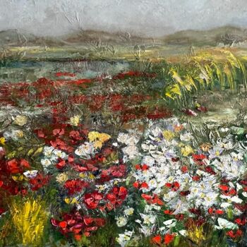 Картина под названием "Flores rojas y blan…" - Nuria Candau, Подлинное произведение искусства, Масло