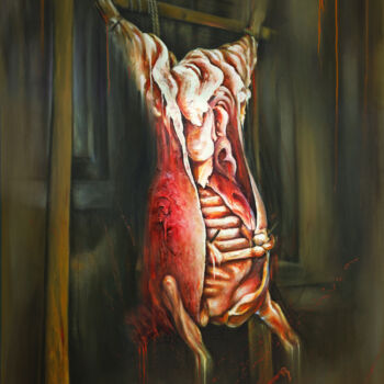 Картина под названием "The Slaughtered Ox…" - Nusret Aktay, Подлинное произведение искусства, Масло Установлен на Деревянная…