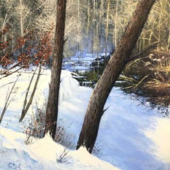 Painting titled "Snowy Forest" by Nusret Aktay, Original Artwork, Oil Mounted on Wood Stretcher frame